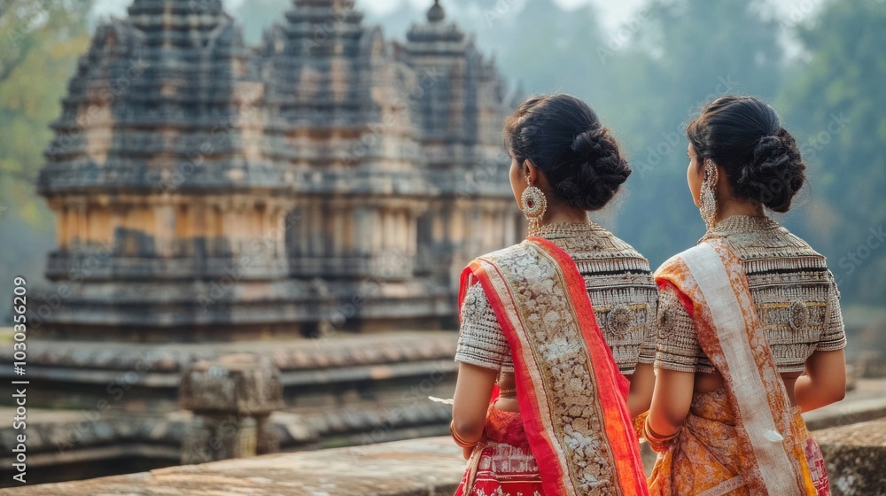 Fototapeta premium Women in traditional attire, standing beside a historical monument, reflecting their cultural heritage and pride