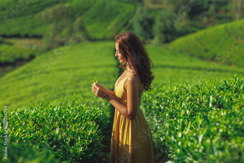 A woman in a yellow dress examines a fresh tea leaf while standing amidst vibrant green tea fields in Sri Lanka. The lush landscape and serene atmosphere make this image perfect for nature, travel