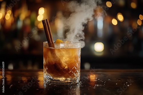  grog cocktail being stirred with a cinnamon stick, the drink's steam rising into the air, placed on a bar counter with dim,  photo