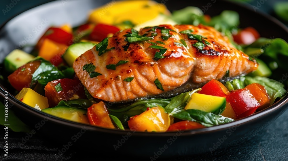 A delectable piece of grilled salmon rests on a vibrant bed of fresh vegetables, including tomatoes and mango, offering a colorful and nutritious meal presentation. A delectable piece of grilled salmon rests on a vibrant bed of fresh vegetables, including tomatoes and mango, offering a colorful and nutritious meal presentation.