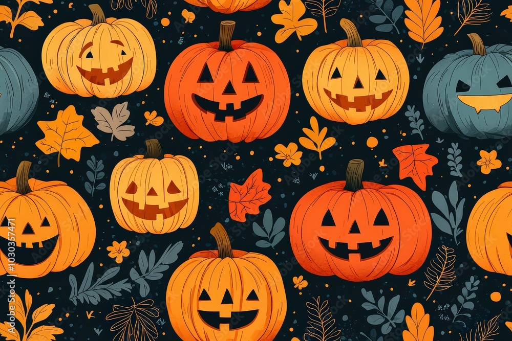 Halloween seamles pattern with pumpkins and trees on a black background. Cute Halloween texture Halloween seamles pattern with pumpkins and trees on a black background. Cute Halloween texture