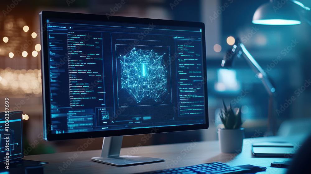 Fototapeta premium conceptual image of computer displaying network visualization, symbolizing privacy and data security. modern workspace features sleek monitor, coding interface, and plant, creating tech savvy