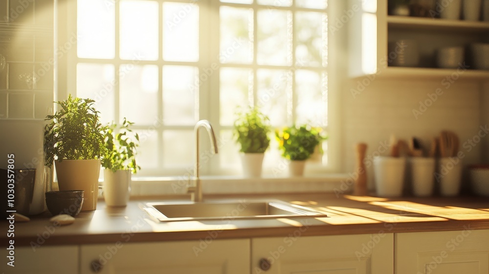 A beautifully designed kitchen interior, highlighting a contemporary cabinet with a spacious sink and a sunlit window. A beautifully designed kitchen interior, highlighting a contemporary cabinet with a spacious sink and a sunlit window.