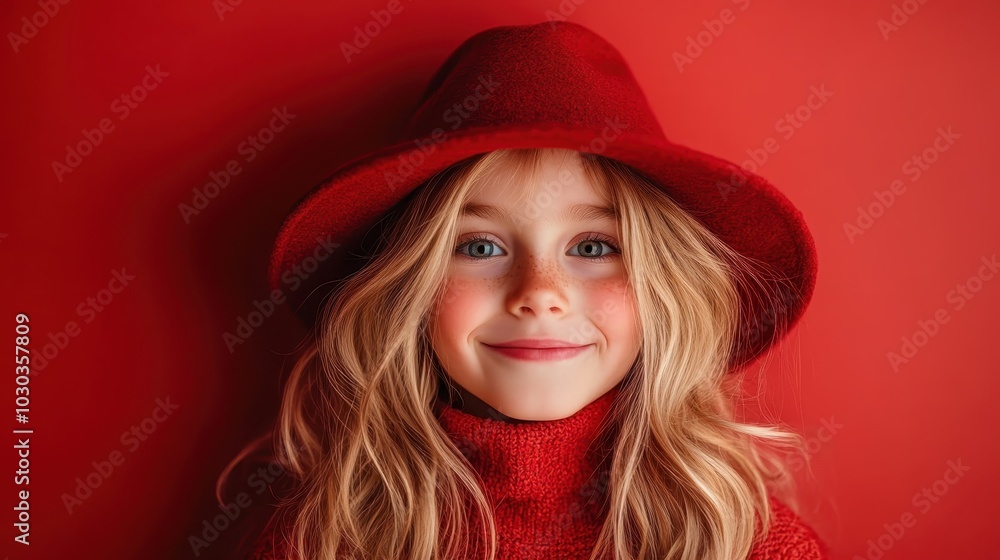A delightful child with long blonde hair and blue eyes smiles warmly in a red hat and sweater, perfectly contrasting against the matching red background wall. A delightful child with long blonde hair and blue eyes smiles warmly in a red hat and sweater, perfectly contrasting against the matching red background wall.
