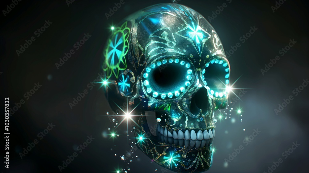 A mystical skull decorated with glowing blue and green tribal patterns, with tiny radiant stars and silver shimmer around the eyes, set against a softly lit dark background. A mystical skull decorated with glowing blue and green tribal patterns, with tiny radiant stars and silver shimmer around the eyes, set against a softly lit dark background.
