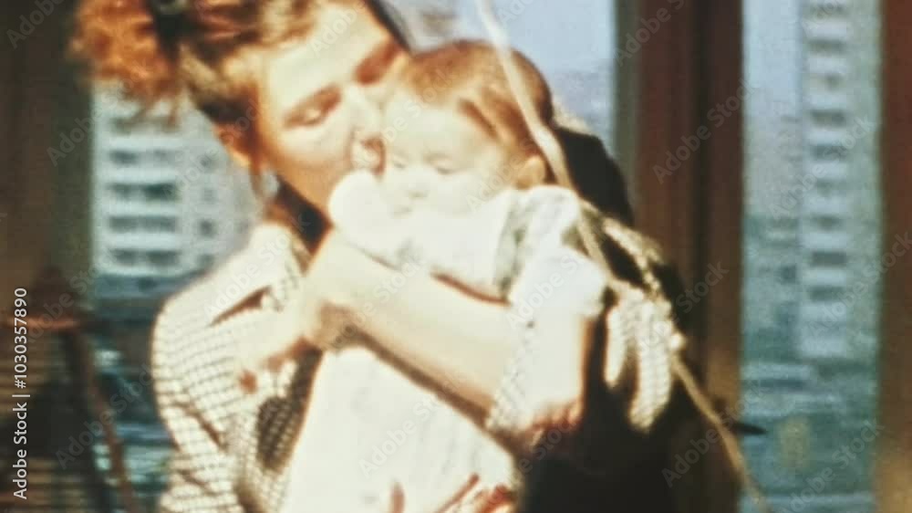 Happy mother holding baby in arms on apartment indoors background. Parent woman kissing little child, hugging, showing love, tenderness to toddler. Vintage color film. Family archive. Retro 1980s Happy mother holding baby in arms on apartment indoors background. Parent woman kissing little child, hugging, showing love, tenderness to toddler. Vintage color film. Family archive. Retro 1980s
