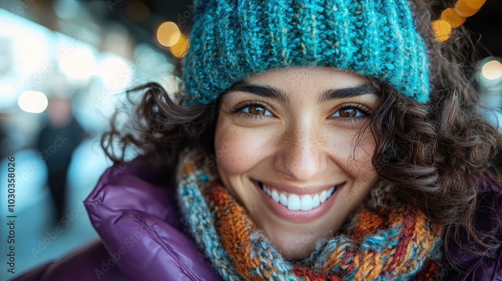 A smiling woman with curly hair in a knit hat and colorful scarf, radiates warmth and joy amidst the glow of city lights in a bustling urban setting. A smiling woman with curly hair in a knit hat and colorful scarf, radiates warmth and joy amidst the glow of city lights in a bustling urban setting.