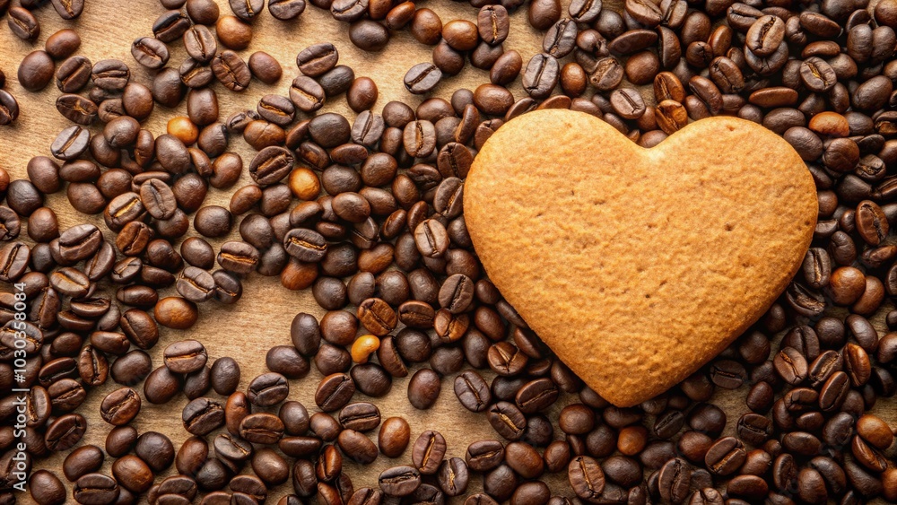 A rustic display of coffee beans and heart-shaped cookies on a warm beige backdrop, emphasizing a cozy atmosphere, ideal for captivating product photography shots. A rustic display of coffee beans and heart-shaped cookies on a warm beige backdrop, emphasizing a cozy atmosphere, ideal for captivating product photography shots.