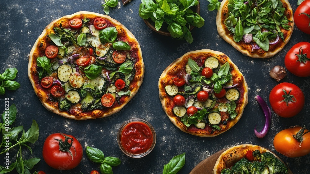 Fresh and Colorful Pizza with Ingredients on Dark Background Fresh and Colorful Pizza with Ingredients on Dark Background