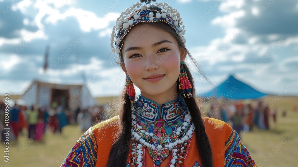 Young Mongolian beauty in a vibrant traditional dress, with the ...