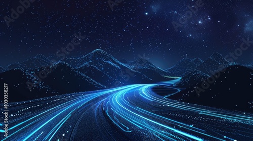 Abstract background with glowing blue road lines and starry sky, futuristic landscape. Digital illustration of night desert or mountain road in the style of Big data technology concept.