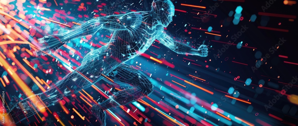 Abstract digital background with a wireframe humanoid figure in motion, surrounded glowing data streams and binary code, representing the fusion of human sportsmen's Abstract digital background with a wireframe humanoid figure in motion, surrounded glowing data streams and binary code, representing the fusion of human sportsmen's