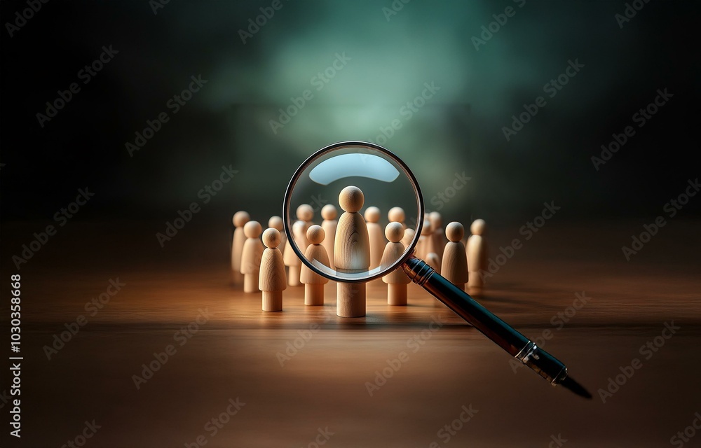 custom made wallpaper toronto digitalA magnifying glass is focused on one wooden figure in a group of wooden figures, highlighting the importance of individuality.