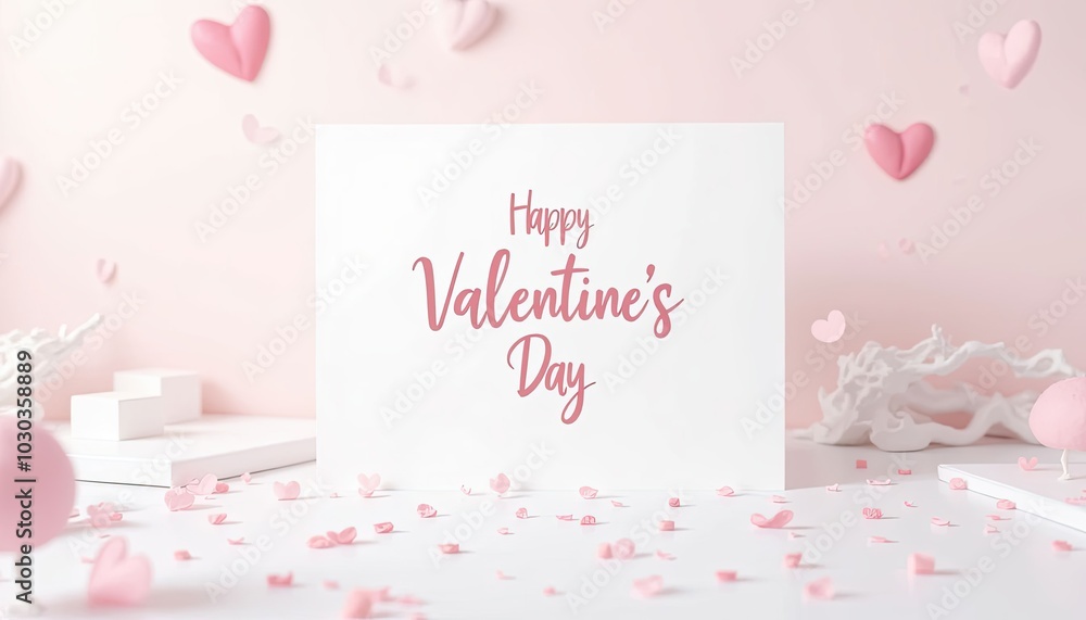Elegant Valentine's Day design with 3D pink hearts on white background with copy space