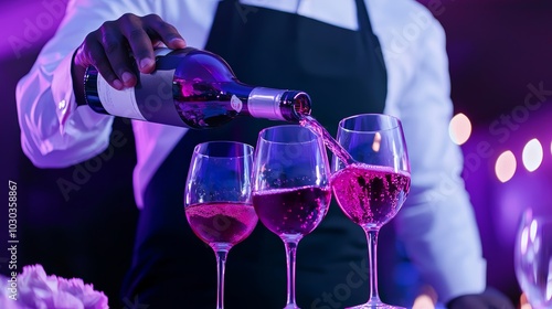 A professional waiter in a white shirt and black apron, pouring wine into glasses at a formal dining event, with a calm and attentive demeanor. photo