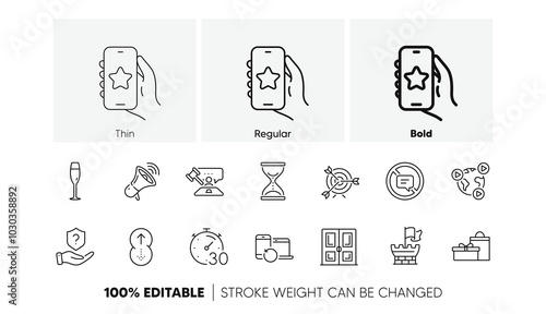 Protection shield, Champagne glass and Time hourglass line icons. Pack of Timer, Judge hammer, Favorite app icon. Shield, Swipe up, Door pictogram. Gifts, Recovery devices, Target. Line icons. Vector