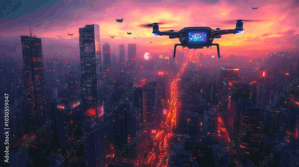 Naklejka premium A futuristic cityscape where AI-driven drones and autonomous vehicles navigate the streets