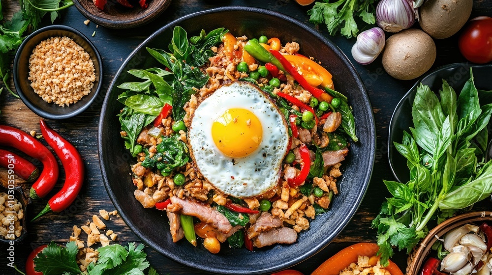 Delicious Stir-Fried Basil Top View Dish Delicious Stir-Fried Basil Top View Dish