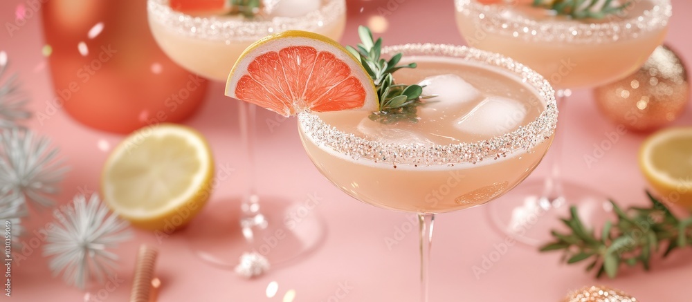 Festive holiday cocktail with grapefruit slice and herbs on pink table for seasonal drink promotion
