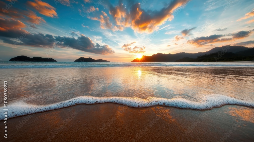 A picturesque beach scene captured at sunset. The soft waves gently lap against the shore, while the sky and clouds reflect the warm hues of a setting sun. A picturesque beach scene captured at sunset. The soft waves gently lap against the shore, while the sky and clouds reflect the warm hues of a setting sun.