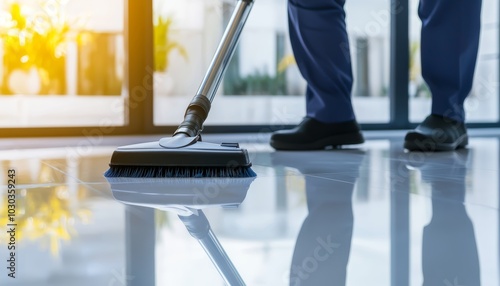Wallpaper Mural A team of cleaning staff working together in a luxurious home, with one person vacuuming the floor while another dusts the windowsills and cleans the glass doors. Torontodigital.ca