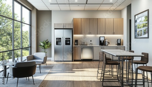 Spacious office breakroom featuring modern amenities like a refrigerator and coffee maker, rendered in 3D photo