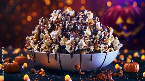 Wallpaper Mural A large Halloween popcorn bowl filled with dark chocolate-drizzled popcorn, topped with glowing candy worms and surrounded by tiny candy pumpkins. Torontodigital.ca