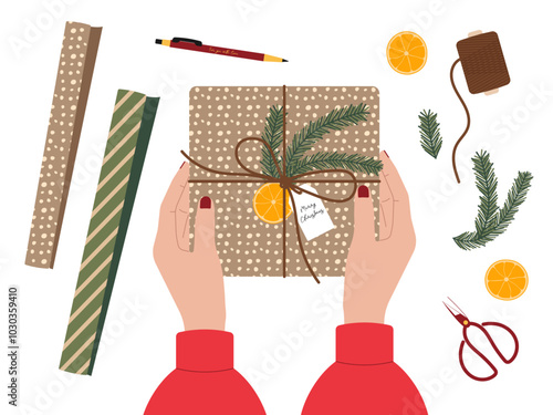 Christmas preparation concept featuring gift wrapping from top view with girl hands. Vector illustration for festive designs, holiday packaging and seasonal promotions