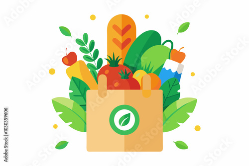 Eco-Friendly Grocery Bag with Fresh Produce Vector Illustration on White Background