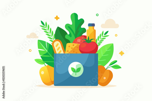 Eco-Friendly Grocery Bag with Fresh Produce Vector Illustration on White Background