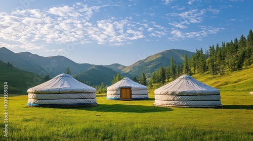 Yurts in highland meadows with panoramic views of Xinjiang's summer landscape, perfect for eco-tourism