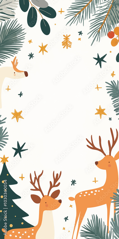 Soft Nordic Christmas Frame: Reindeer and trees in muted colors with space for text Soft Nordic Christmas Frame: Reindeer and trees in muted colors with space for text