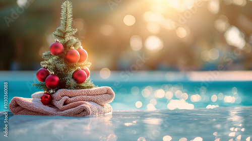 Christmas Tree in Pool with Towel and Ornaments