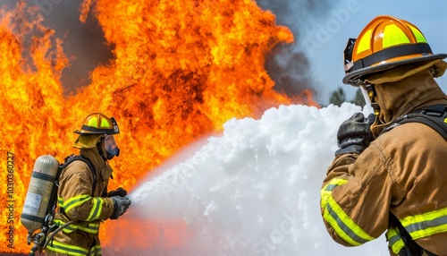 Firefighters using foam to smother the flames of a chemical fire, working with precision and caution to ensure the safety of the surrounding area. photo