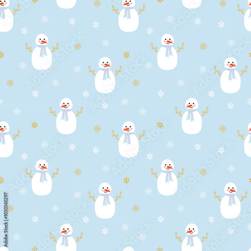 Cute Snowman Seamless Pattern in winter pastel blue holiday background & Simple Snowflake Design, Christmas Repeat Pattern for Fabric, holiday gift wrap, stationery etc.