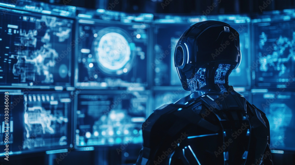 A robot or humanoid cyborg interacting with an abstract tech hologram interface. The futuristic AI in Industry 4.0 is used to develop detailed virtual industrial designs. The humanoid android is seen A robot or humanoid cyborg interacting with an abstract tech hologram interface. The futuristic AI in Industry 4.0 is used to develop detailed virtual industrial designs. The humanoid android is seen