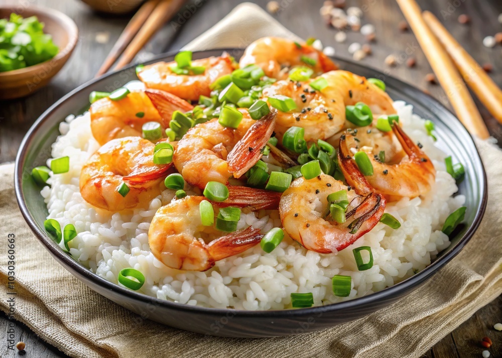 Freshly cooked shrimp atop a steaming bed of fluffy white rice, garnished with sliced green onions and a sprinkle of toasted sesame seeds. Freshly cooked shrimp atop a steaming bed of fluffy white rice, garnished with sliced green onions and a sprinkle of toasted sesame seeds.