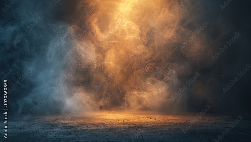 Abstract foggy background with golden smoke on dark concrete floor, spotlight shining down creating an atmospheric scene for product Abstract foggy background with golden smoke on dark concrete floor, spotlight shining down creating an atmospheric scene for product