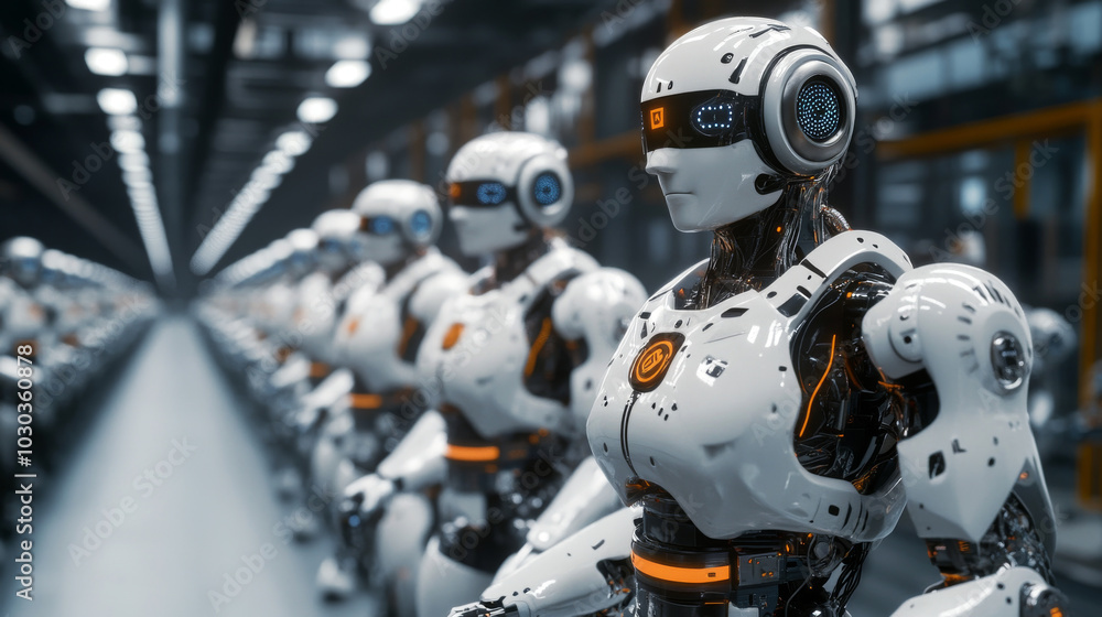 AI-powered robots managing work in a factory. A humanoid robot with artificial intelligence (AI) controls robotic arms within a manufacturing environment. This represents Industry 4.0, where AI techno AI-powered robots managing work in a factory. A humanoid robot with artificial intelligence (AI) controls robotic arms within a manufacturing environment. This represents Industry 4.0, where AI techno