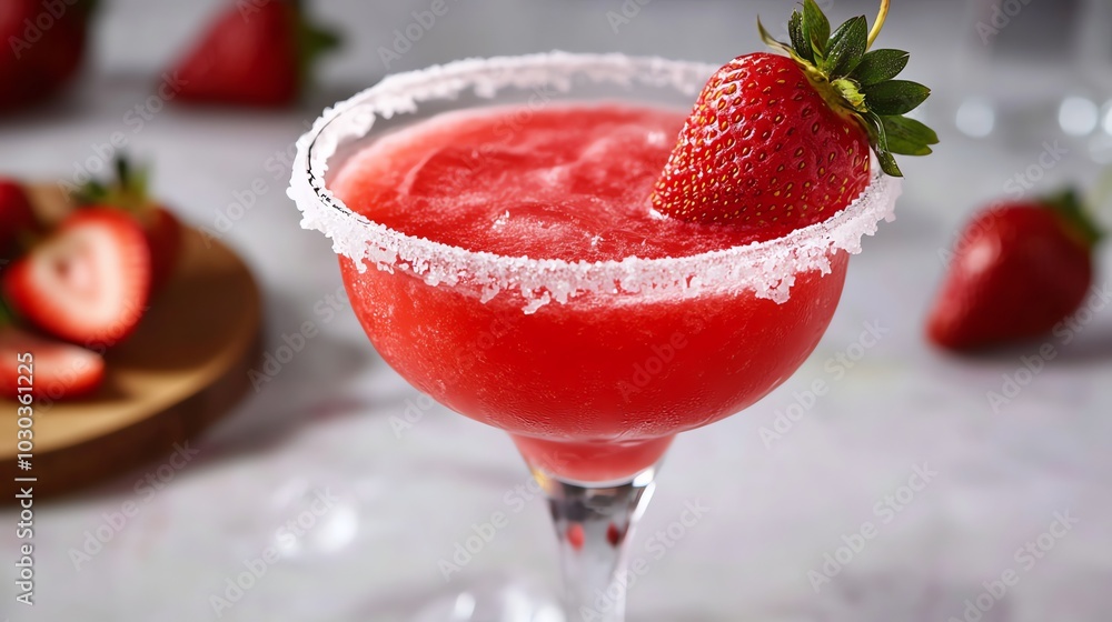 A strawberry margarita garnished with a strawberry. A strawberry margarita garnished with a strawberry.