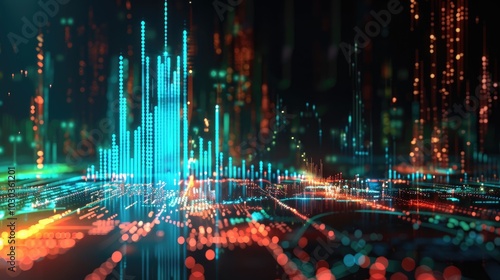 Abstract futuristic background with glowing financial graphs and cityscape on a black backdrop, concept of the stock market or business data analytics