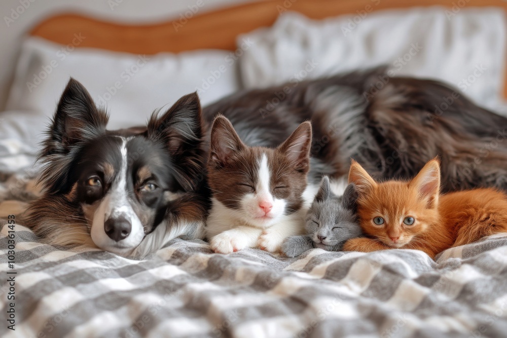 Dog cat and kitten lying together on a cozy bed highlighting warmth family bonding and interspecies companionship in a comfortable indoor environment Dog cat and kitten lying together on a cozy bed highlighting warmth family bonding and interspecies companionship in a comfortable indoor environment
