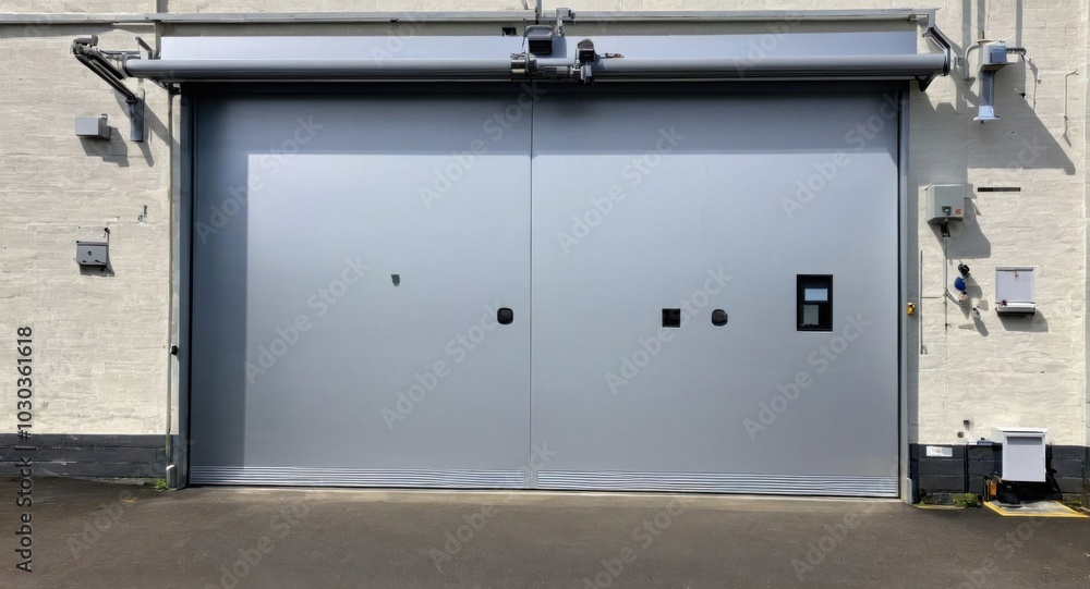 Roller door set against the backdrop of an expansive storage area. Roller door set against the backdrop of an expansive storage area.