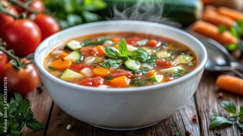 Fresh Vegetable Soup in a White Porcelain Bowl Fresh Vegetable Soup in a White Porcelain Bowl