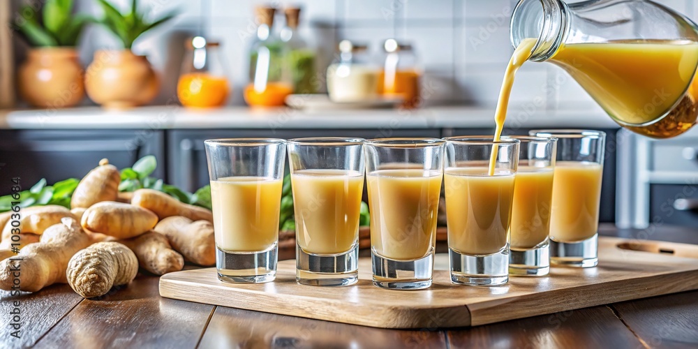 Freshly squeezed ginger juice pours into a row of chilled shot glasses on a modern kitchen counter, ready for a healthy morning boost. Freshly squeezed ginger juice pours into a row of chilled shot glasses on a modern kitchen counter, ready for a healthy morning boost.