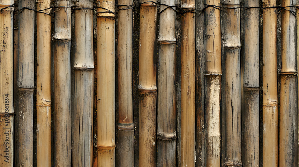 Textured Bamboo Poles Arranged Vertically with Natural Wear and Aging, Creating a Rustic Background Perfect for Eco-Conscious Designs and Creative Visual Projects Textured Bamboo Poles Arranged Vertically with Natural Wear and Aging, Creating a Rustic Background Perfect for Eco-Conscious Designs and Creative Visual Projects