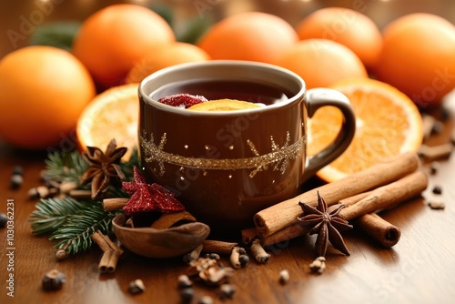 A close up of a hot mulled wine in a festive mug, surrounded by cinnamon sticks, oranges, and spices