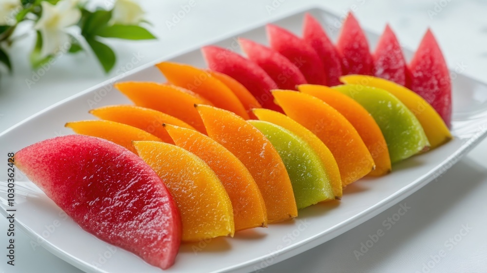 A creative arrangement of canistel slices on a white platter, highlighting their vibrant color and unique shape for an appealing presentation A creative arrangement of canistel slices on a white platter, highlighting their vibrant color and unique shape for an appealing presentation