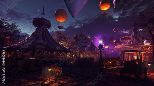 A haunted circus at night, with a dark, ominous tent surrounded by spooky circus wagons. Floating ghostly balloons hover around the area