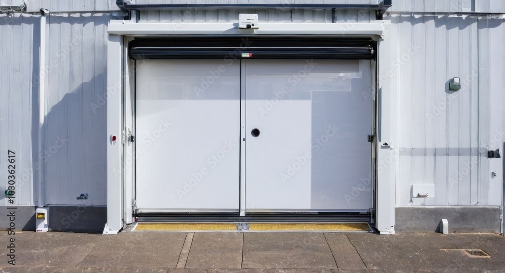 Roller door set against the backdrop of an expansive storage area. Roller door set against the backdrop of an expansive storage area.